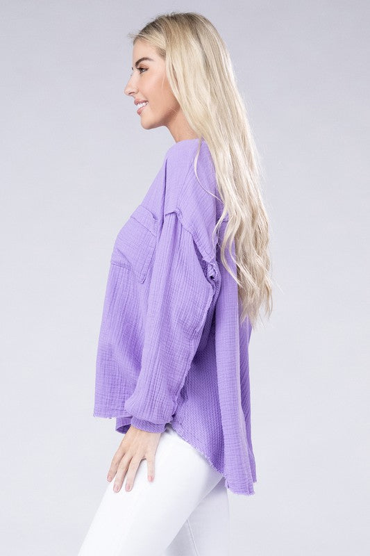 Zenana Double Cotton Gauze Oversized Raw Hem Henley Shirt in 8 Colors