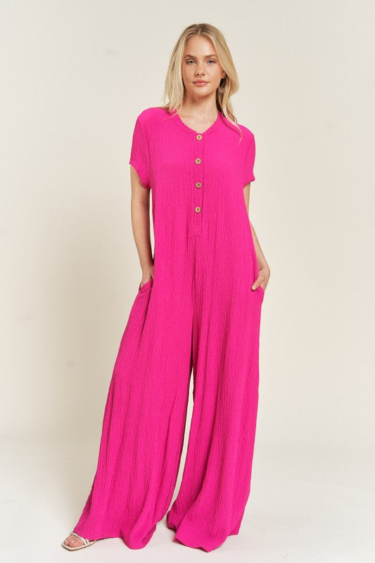 Jade by Jane Plus Wrinkle Cotton Gauze Wide Leg Jumpsuit in Black or Fuchsia