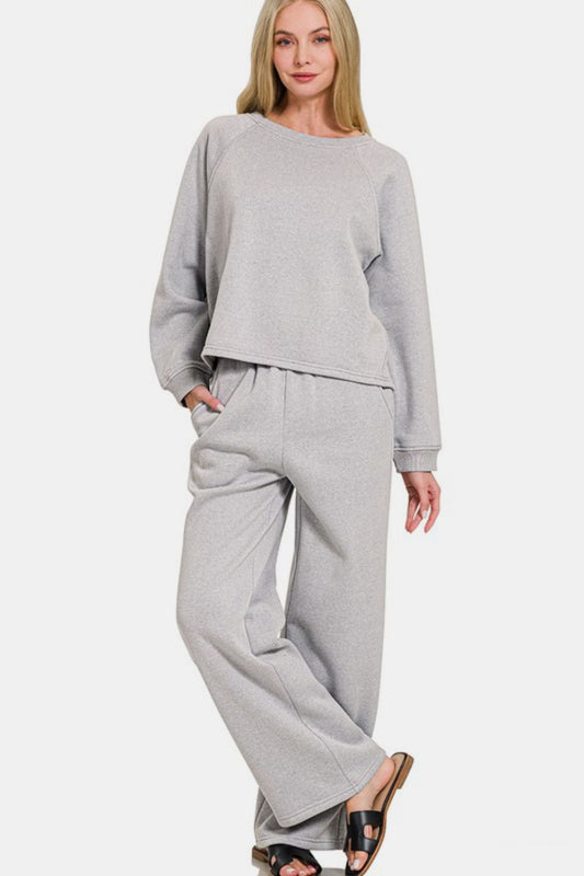 Zenana 2-Piece Lounge Set Raglan Sleeve Top and Pull-On Wide Leg Pants in Heather Gray