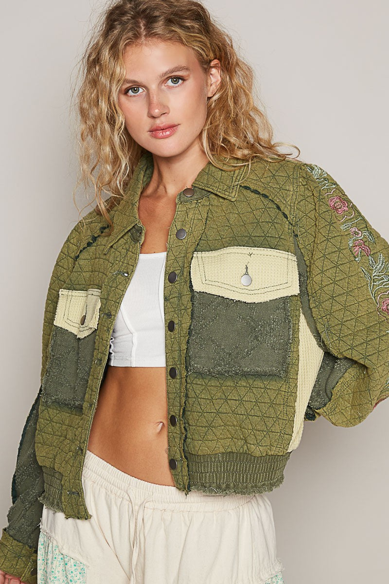 POL Embroidered Sleeve Raw Edge Quilted Jacket in Basil Multi NWT