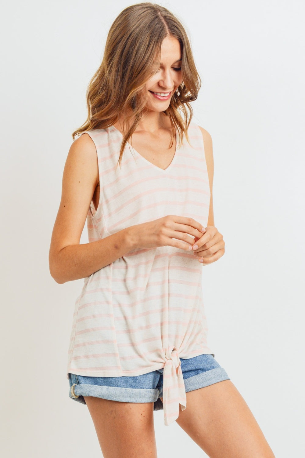 Cotton Bleu Striped Tie Hem V-Neck Tank Top