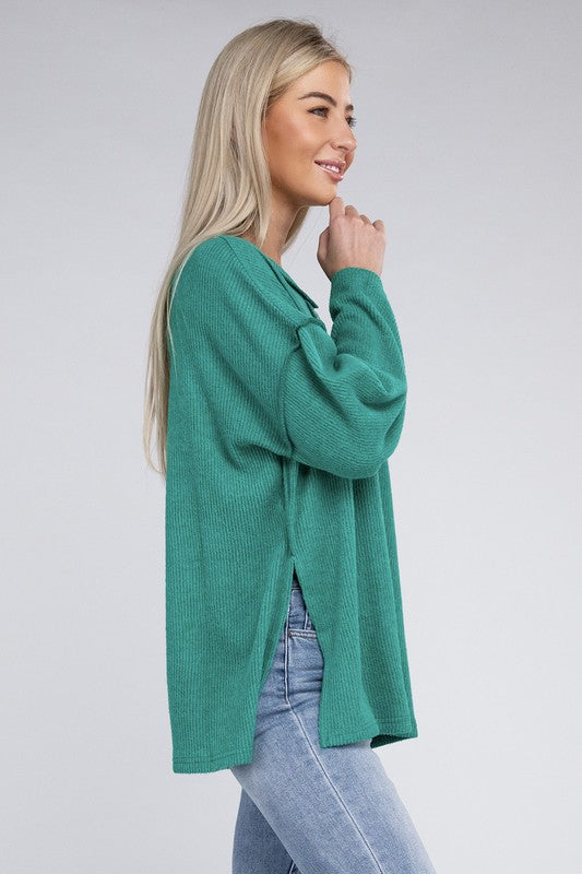 Zenana Slit Hem Bell Sleeve Ribbed Henley Sweater in 5 Colors