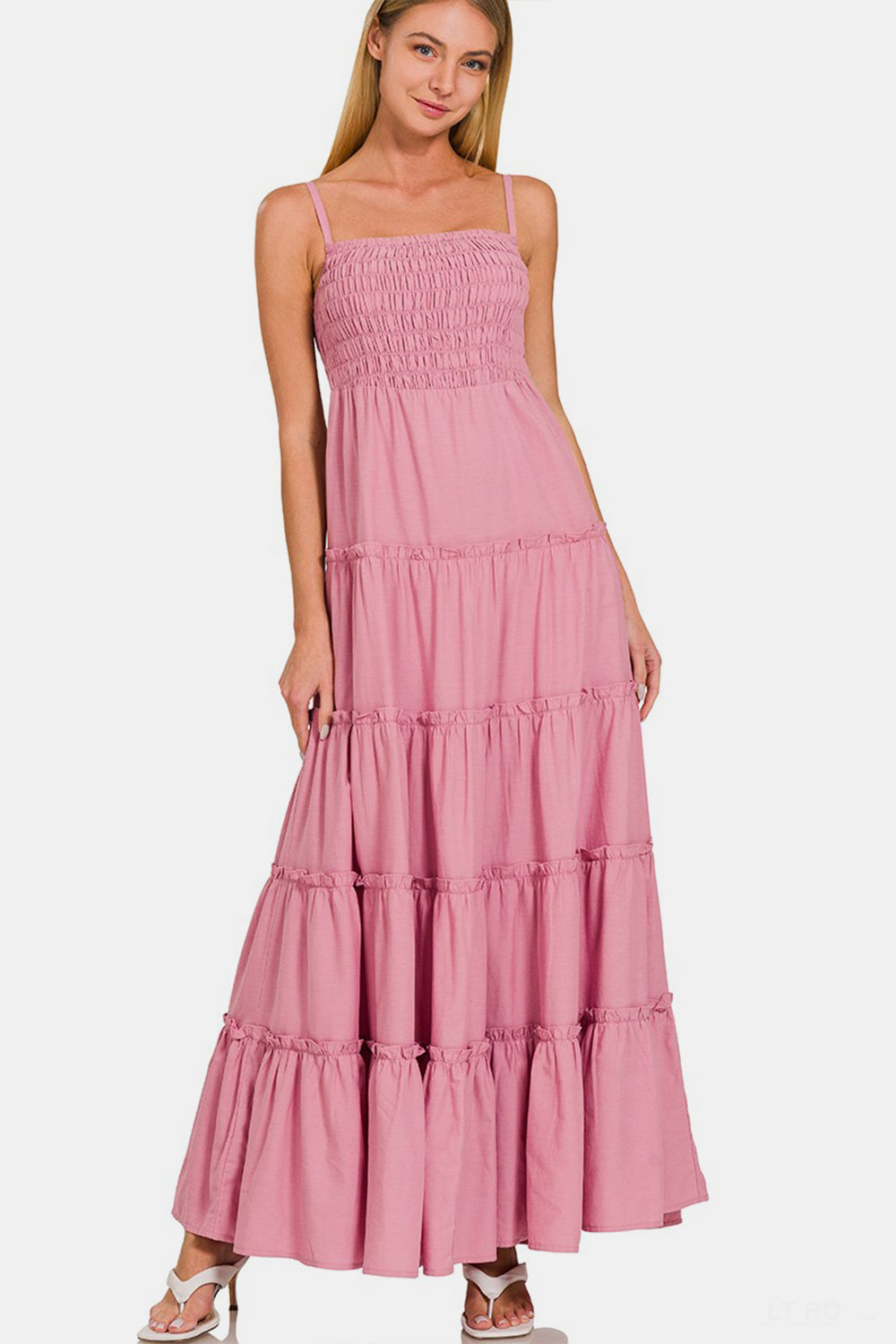 Zenana Woven Smocked Tiered Cami Maxi Dress in Light Rose