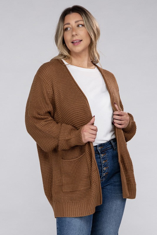 Zenana Plus Waffle-Knit Open Front Tunic Cardigan Sweater with Pockets in 5 Colors