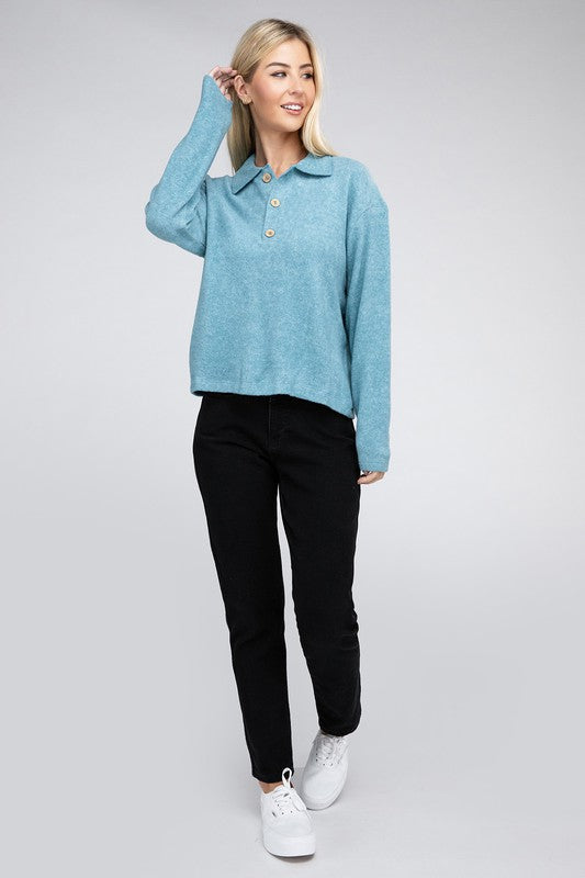 Zenana Brushed Melange Button Front Collared V-Neck Sweater in 5 Colors