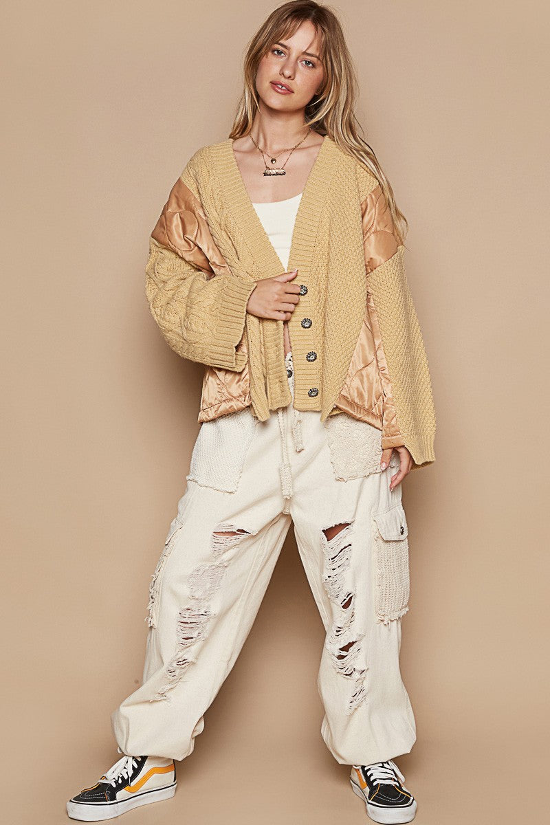 POL Quilting Patchwork Button Up Cable Knit V-Neck Jacket in Camel Multi