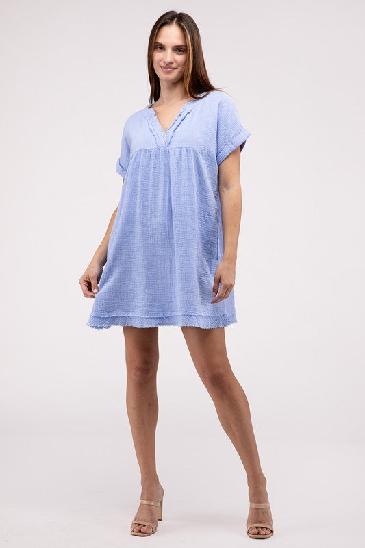 Zenana Cotton Gauze Rolled Short Sleeve Raw Edge V-Neck Mini Dress - 4 Colors