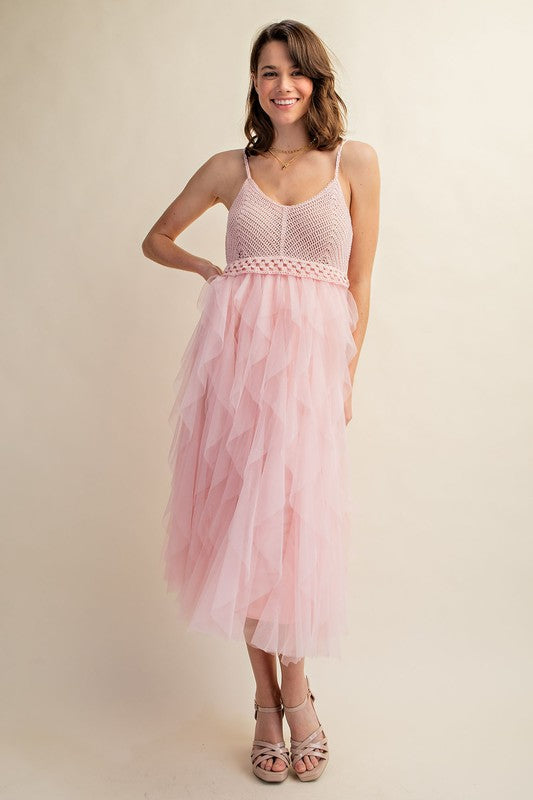 Sweet Generis Crocheted Tulle Cami Midi Dress in Pink or Black