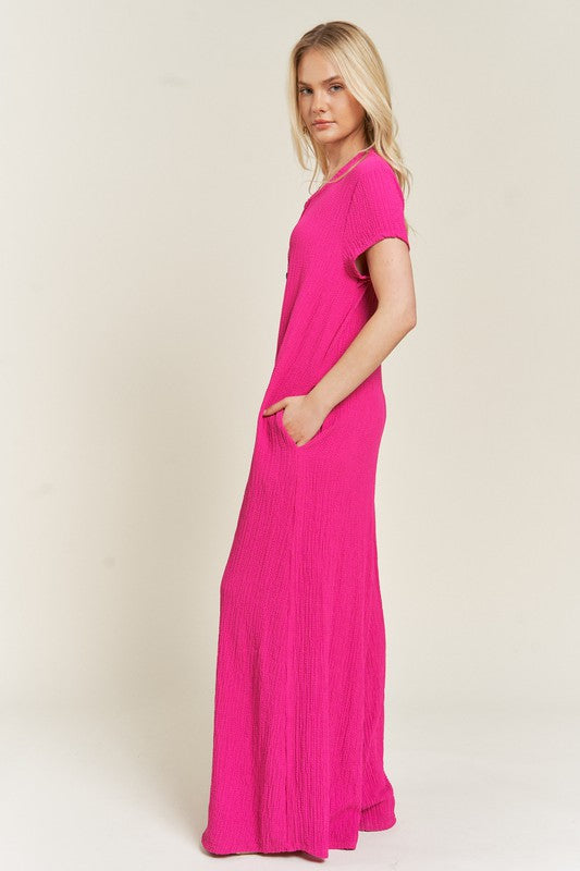 Jade by Jane Plus Wrinkle Cotton Gauze Wide Leg Jumpsuit in Black or Fuchsia