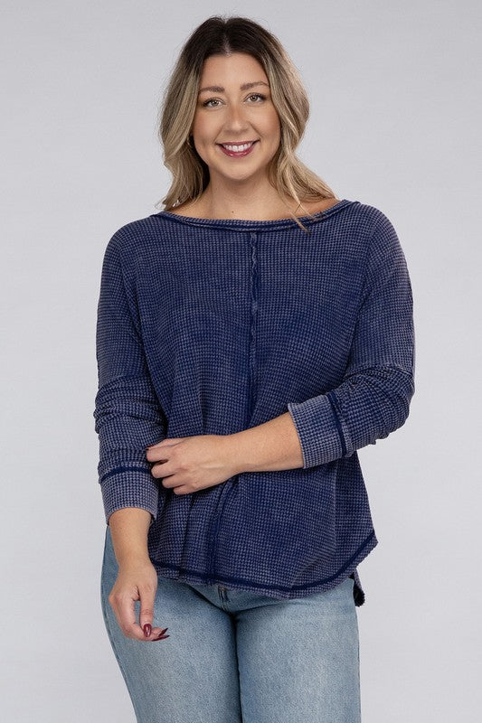 Zenana Plus Color Wash Waffle-Knit Exposed Seam Long Sleeve Boat Neck Top in 2 Colors