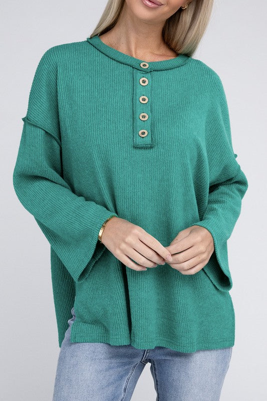 Zenana Slit Hem Bell Sleeve Ribbed Henley Sweater in 5 Colors