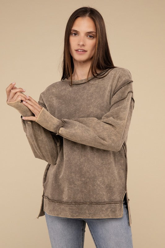 Zenana Acid Wash French Terry Exposed Seam Tunic Sweatshirt in Mocha or Ash Black