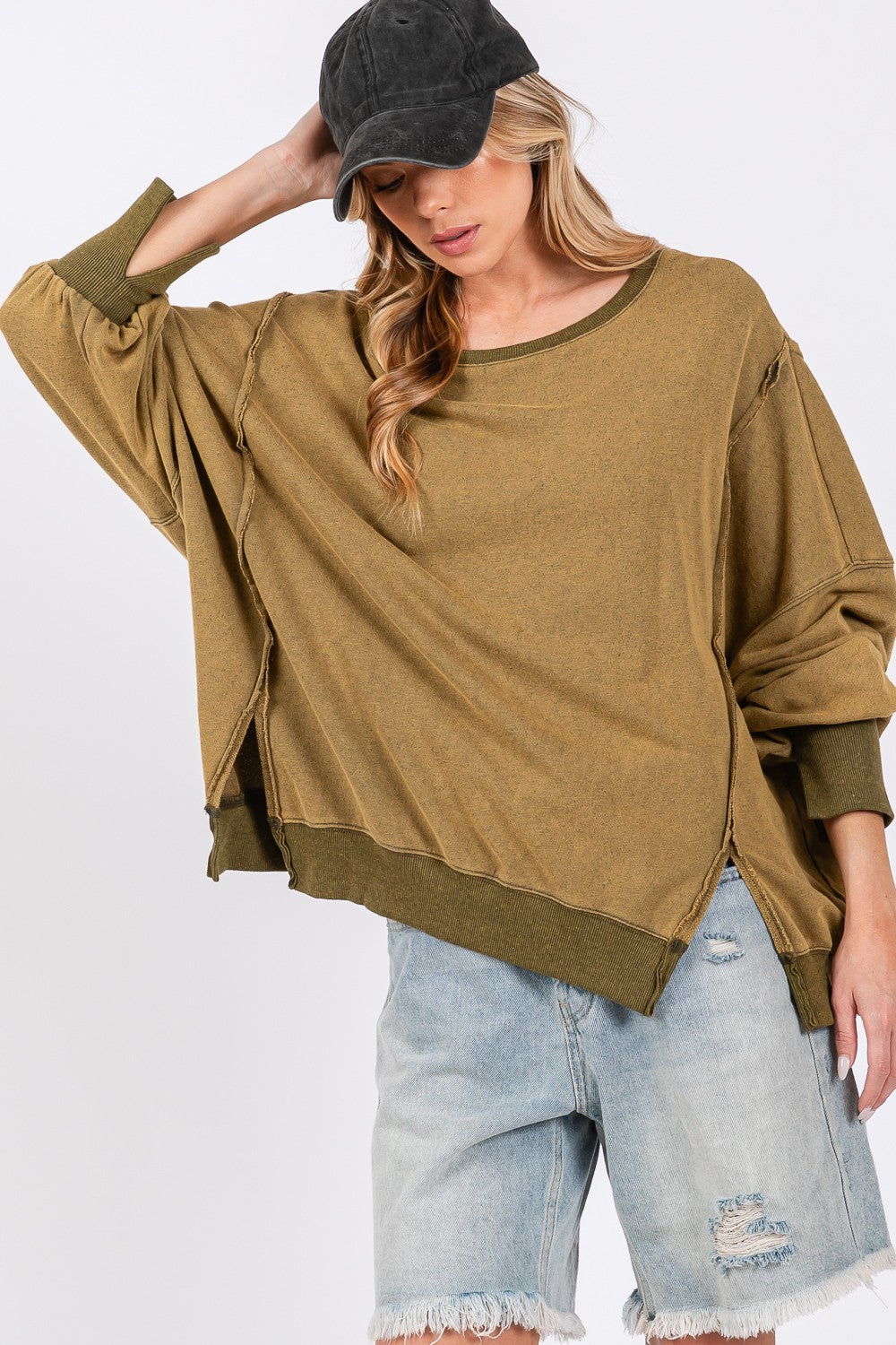 SAGE + FIG Mineral Wash Side Slit Oversized Sweatshirt in Olive