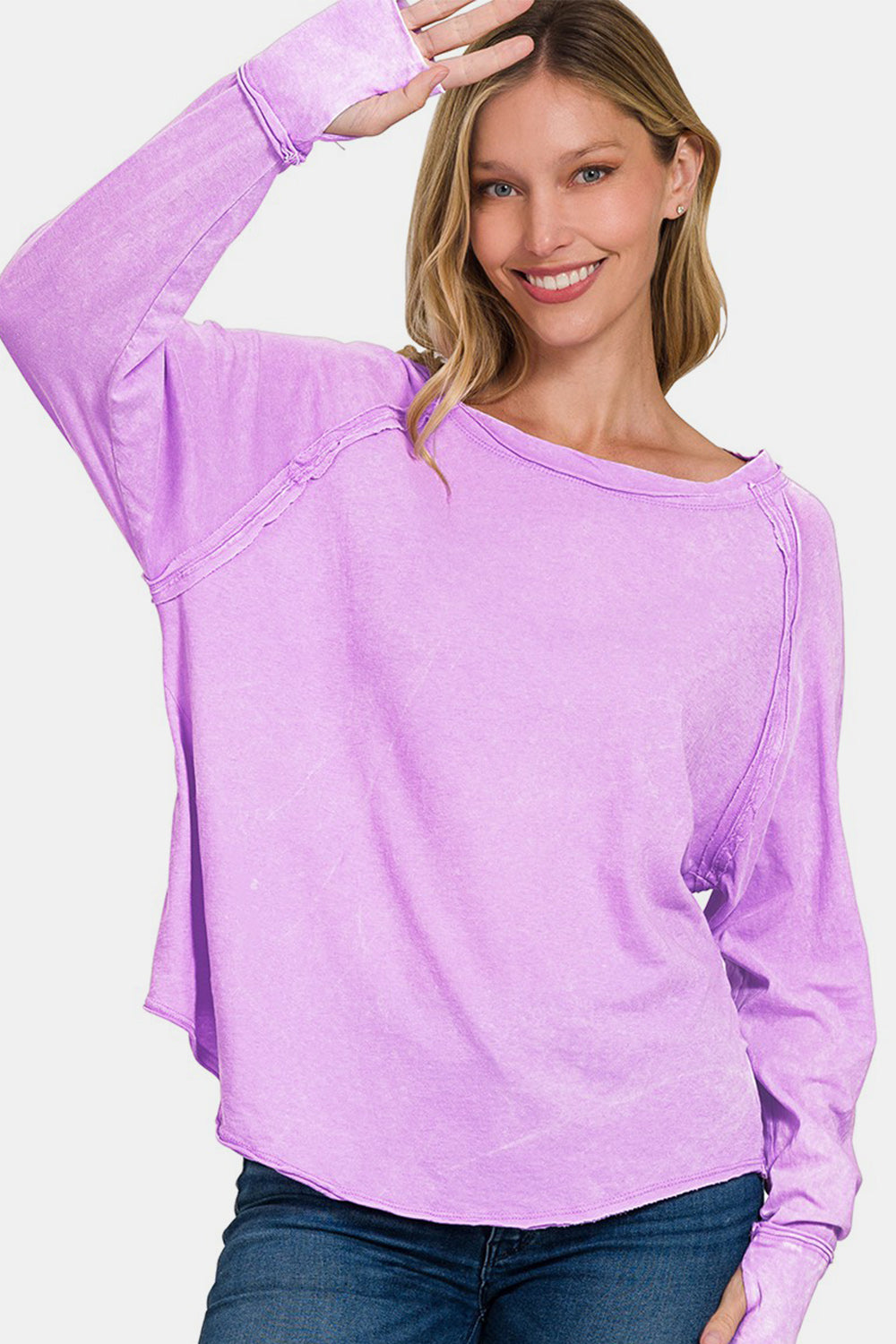 Zenana Thumbhole Cuff Exposed Seam Long Sleeve Round Neck T-Shirt in Lavender Purple NWT