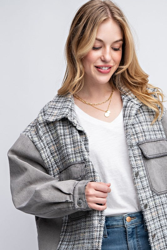 Sweet Generis Oversized Tweed and Denim Shirt Jacket with Fringed Hem