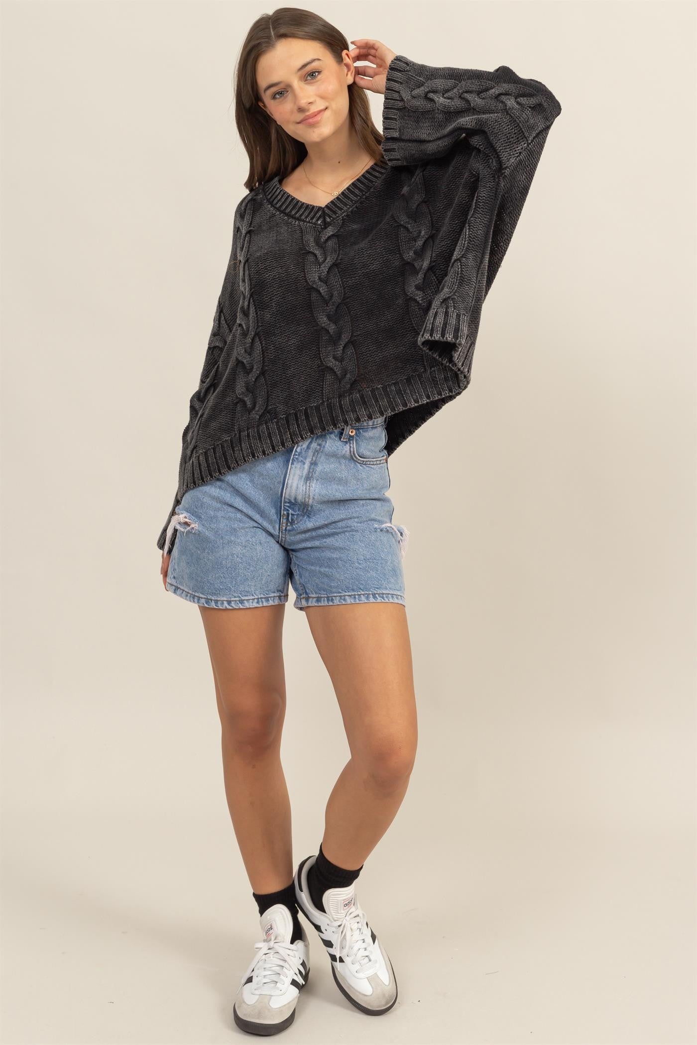 HYFVE Color Washed Cable Knit Bell Sleeve Oversized V-Neck Sweater in Charcoal