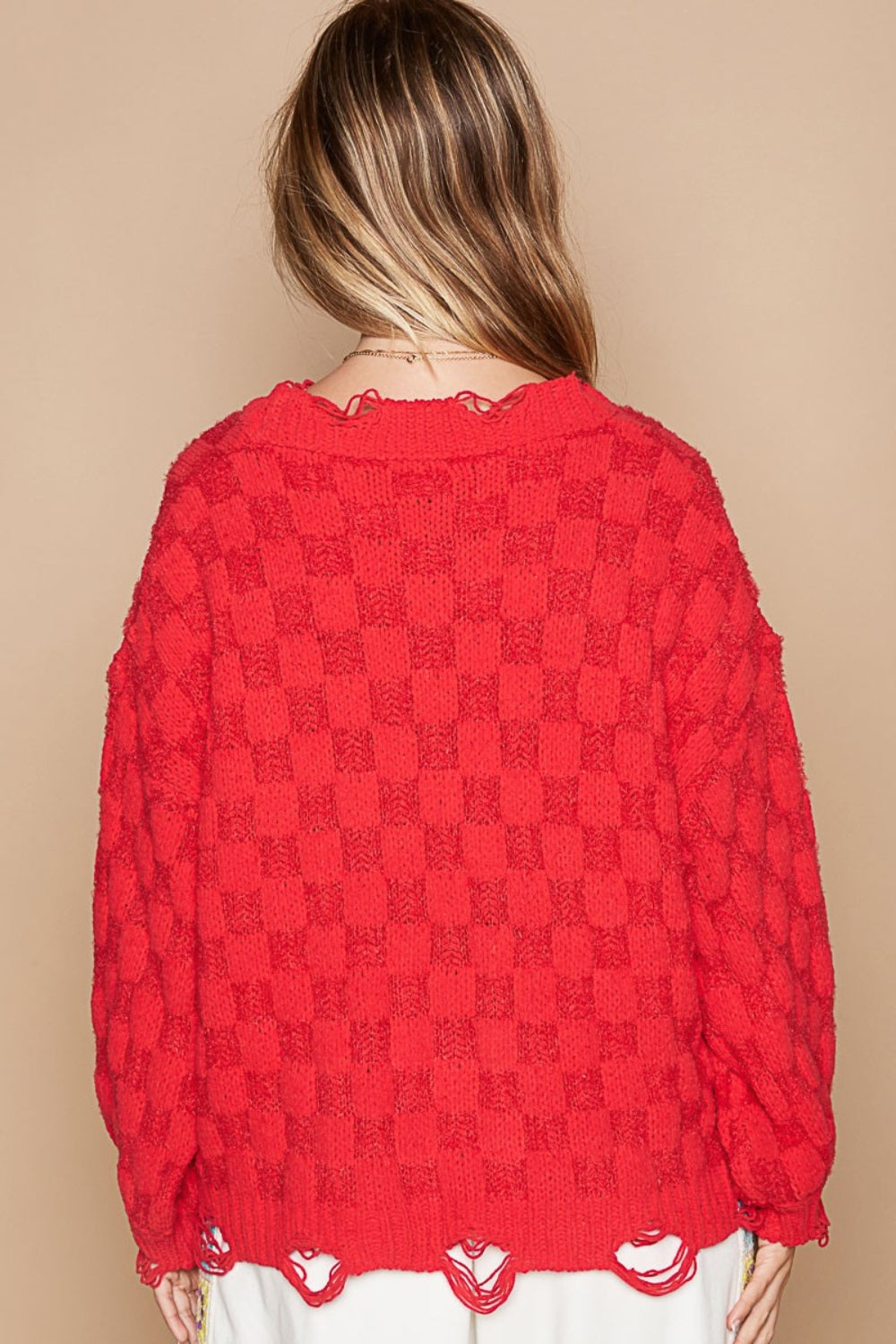 POL Checkered Distressed Round Neck Long Sleeve Sweater in Candy Apple Red NWT