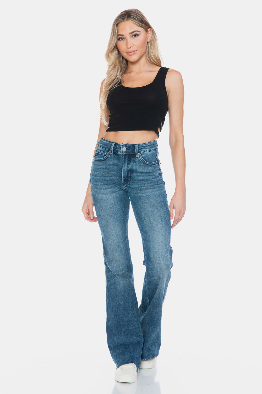 Judy Blue Full Size Tummy Control Raw Hem Flare Leg Jeans in Medium Wash Blue