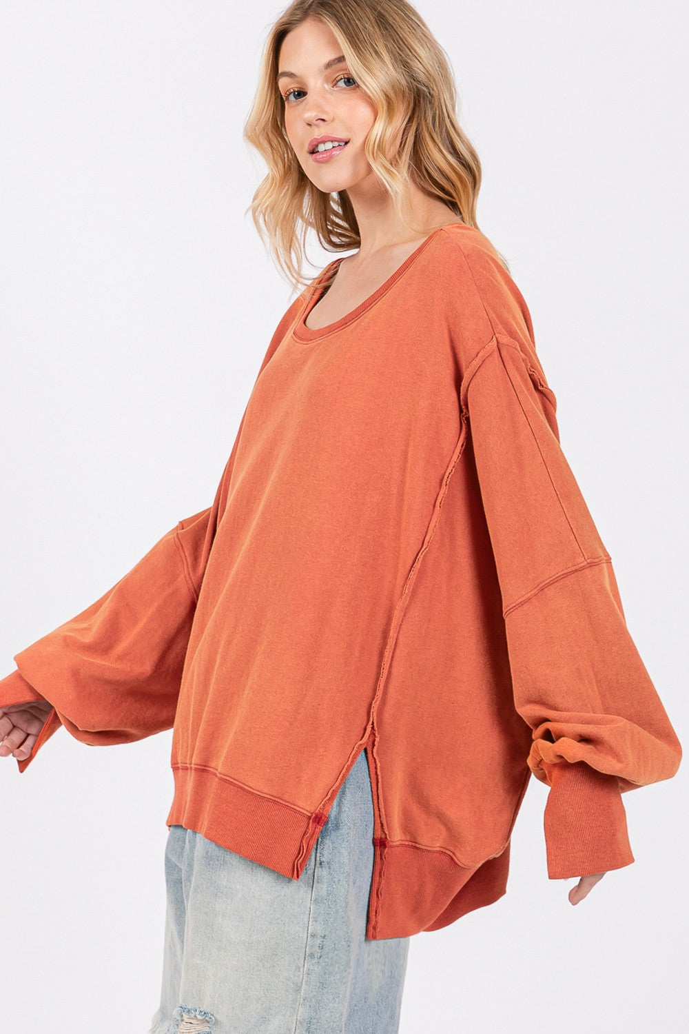 SAGE + FIG Mineral Wash Side Slit Oversized Sweatshirt in Amber Orange NWT