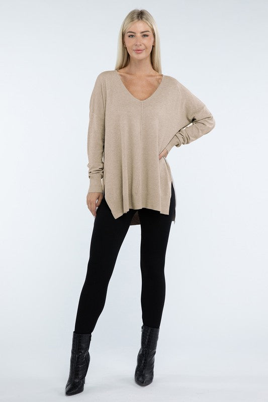 Zenana Front Seam Side Slit V-Neck Tunic Sweater in 5 Colors