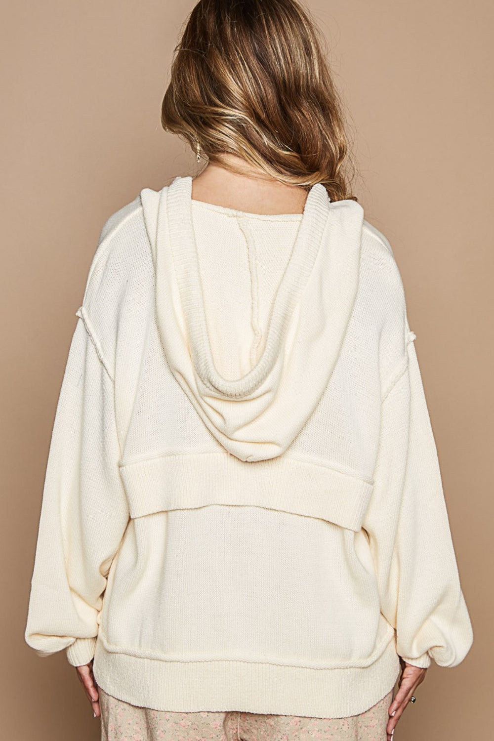 POL Half Zip Drop Shoulder Hooded Sweater in Provence Cream