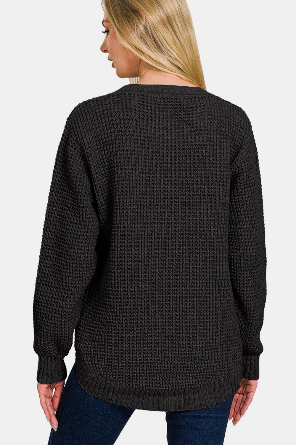 Zenana High-Low Hem Waffle-Knit Tunic Sweater in Black S M L XL