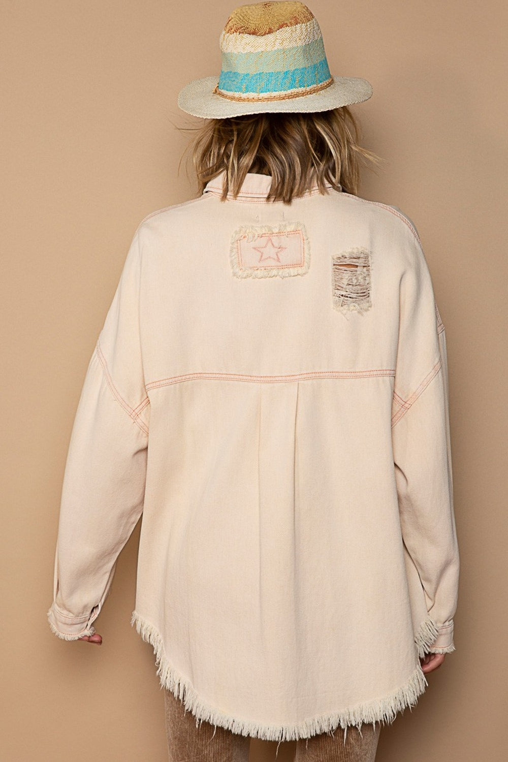 POL Distressed Raw Hem Button-Down Shirt Jacket in Pink Beige