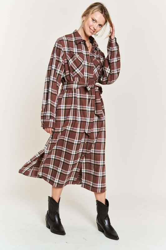 JADE BY JANE PLUS SIZE PLAID LONG SLEEVE BUTTON FRONT MIDI DRESS IN 3 COLORS