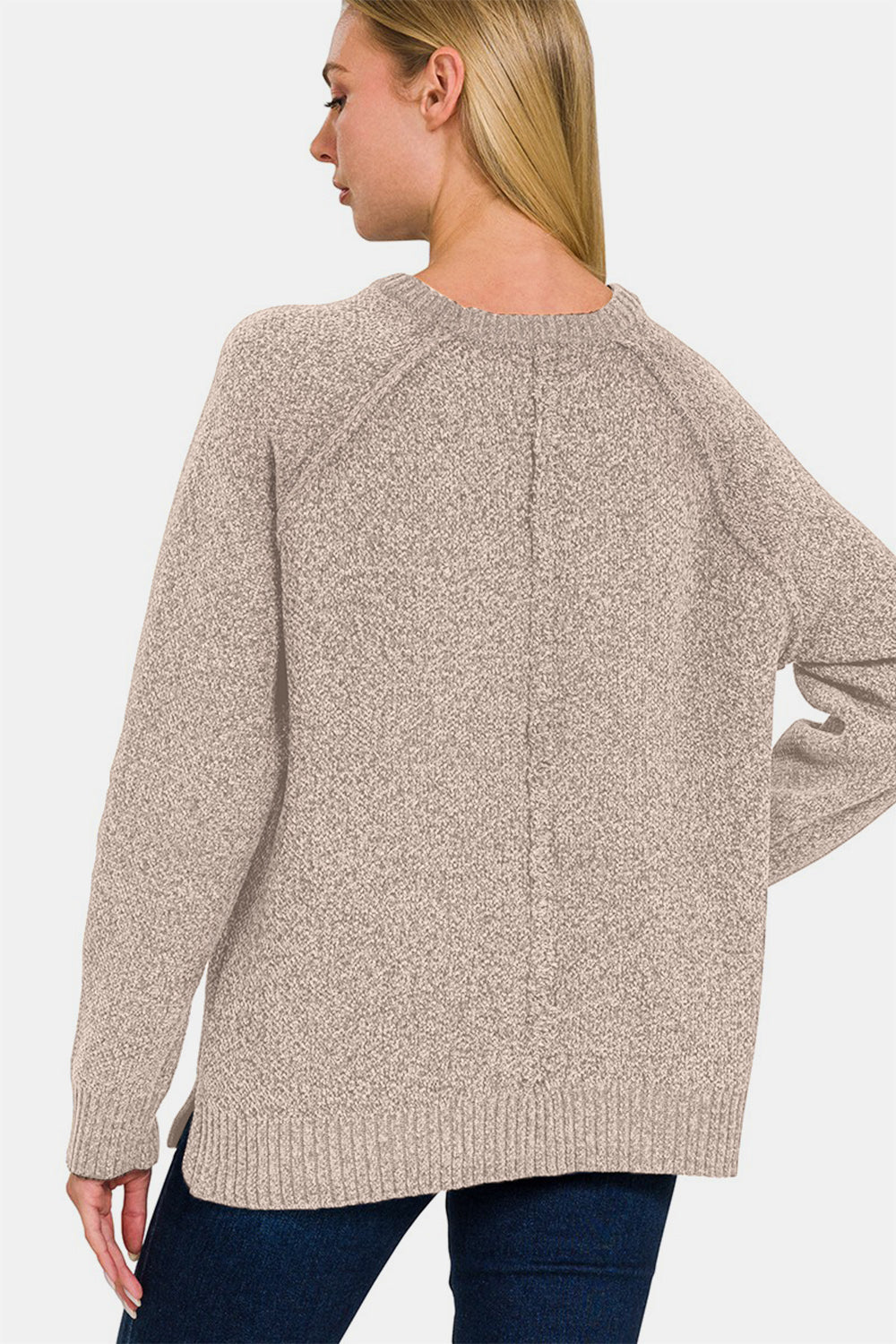 Zenana Exposed Seam Raglan Sleeve Crew Neck Sweater in Light Mocha Brown