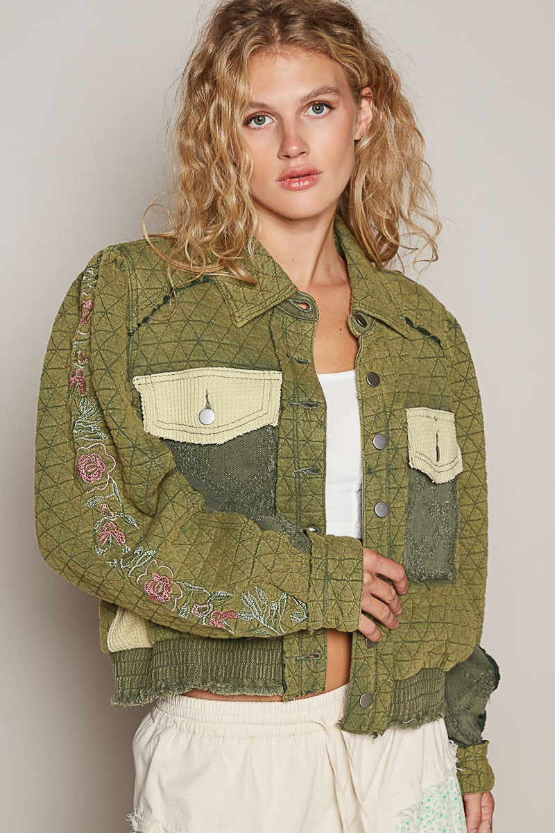 POL Embroidered Sleeve Raw Edge Quilted Jacket in Basil Multi NWT