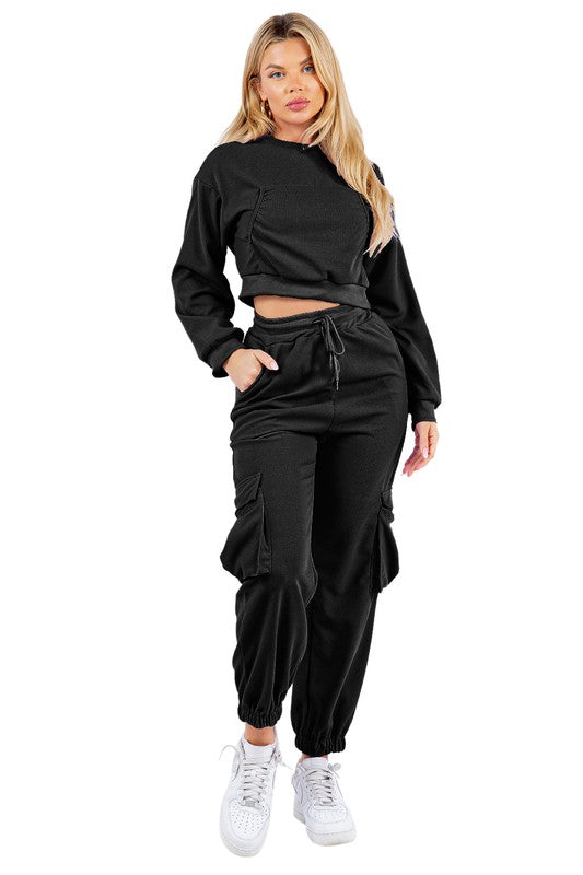 BY CLAUDE TWO PIECE LONG SLEEVE CROP TOP AND CARGO PANTS SWEATSUIT