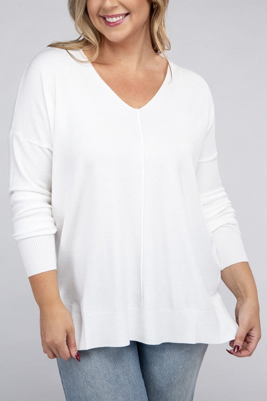 Zenana Plus Size Front Seam V-Neck Tunic Sweater