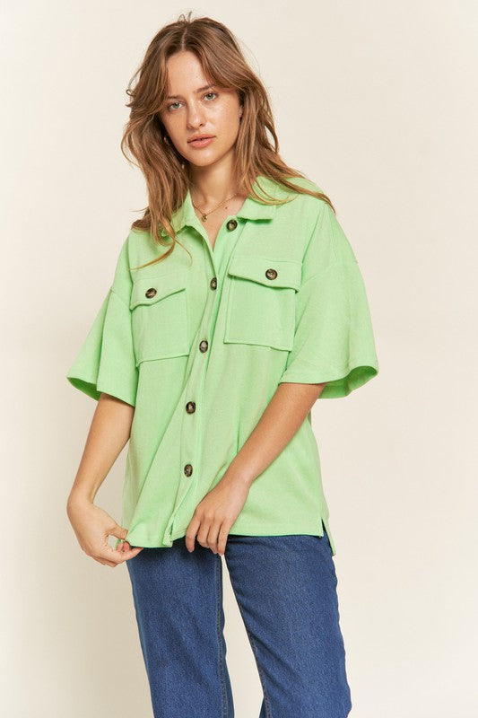 Jade By Jane Smiley Face on Back Button-Down Short Sleeve Shirt in 3 Colors