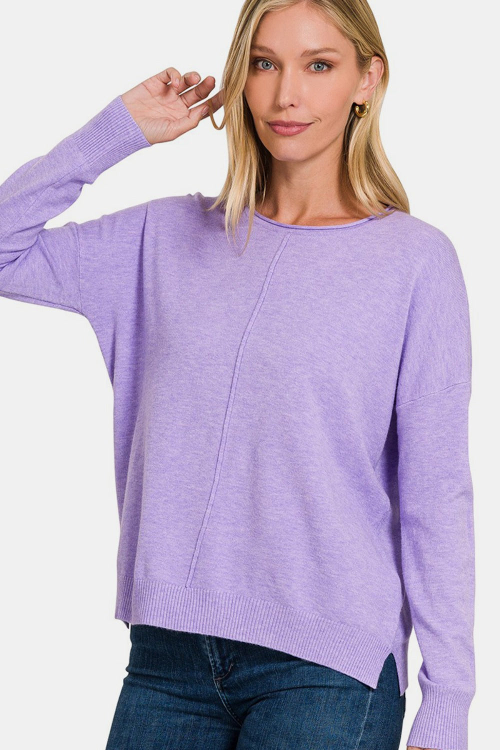 Zenana Front Seam Long Sleeve Round Neck Sweater in Heather Lavender NWT