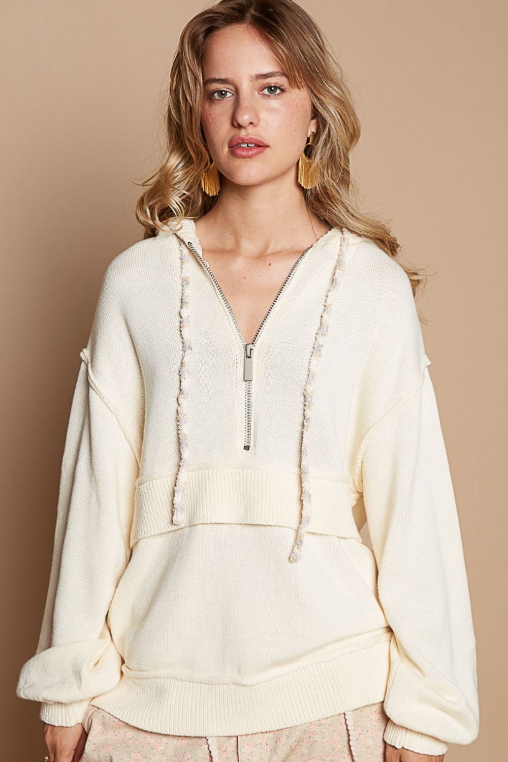 POL Half Zip Drop Shoulder Hooded Sweater in Provence Cream