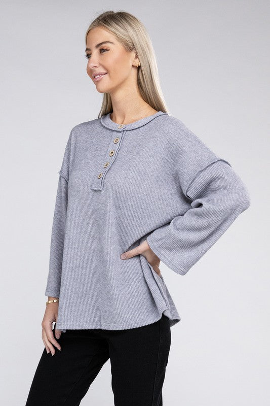 Zenana Slit Hem Bell Sleeve Ribbed Henley Sweater in 5 Colors