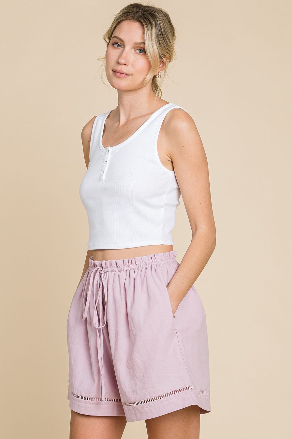 Cotton Bleu Pull-On Drawstring Shorts in Light Mauve