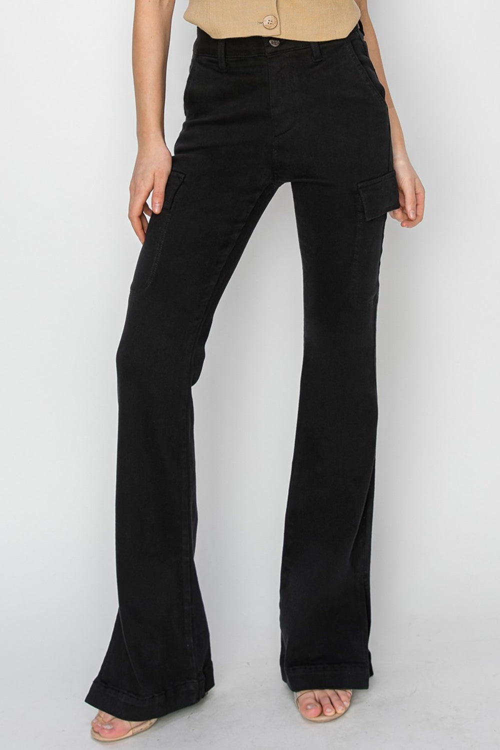 RISEN Full Size High Rise Slit Hem Cargo Bootcut Jeans in Black