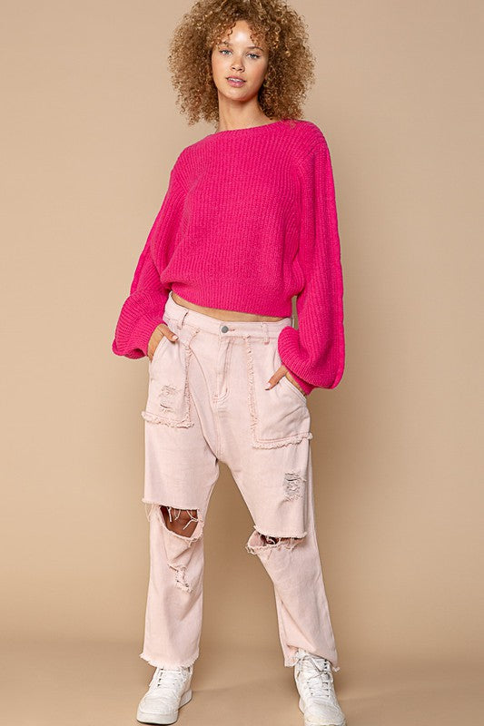 POL Oversized Soft Knit Balloon Sleeve Cropped Round Neck Sweater in Hot Pink NWT