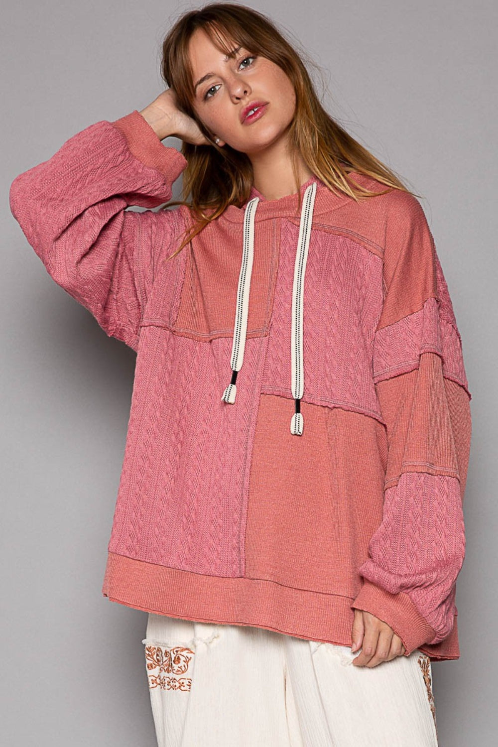 POL Exposed Seam Hooded Knit Top in Mauve Mixed Knit Drawstring