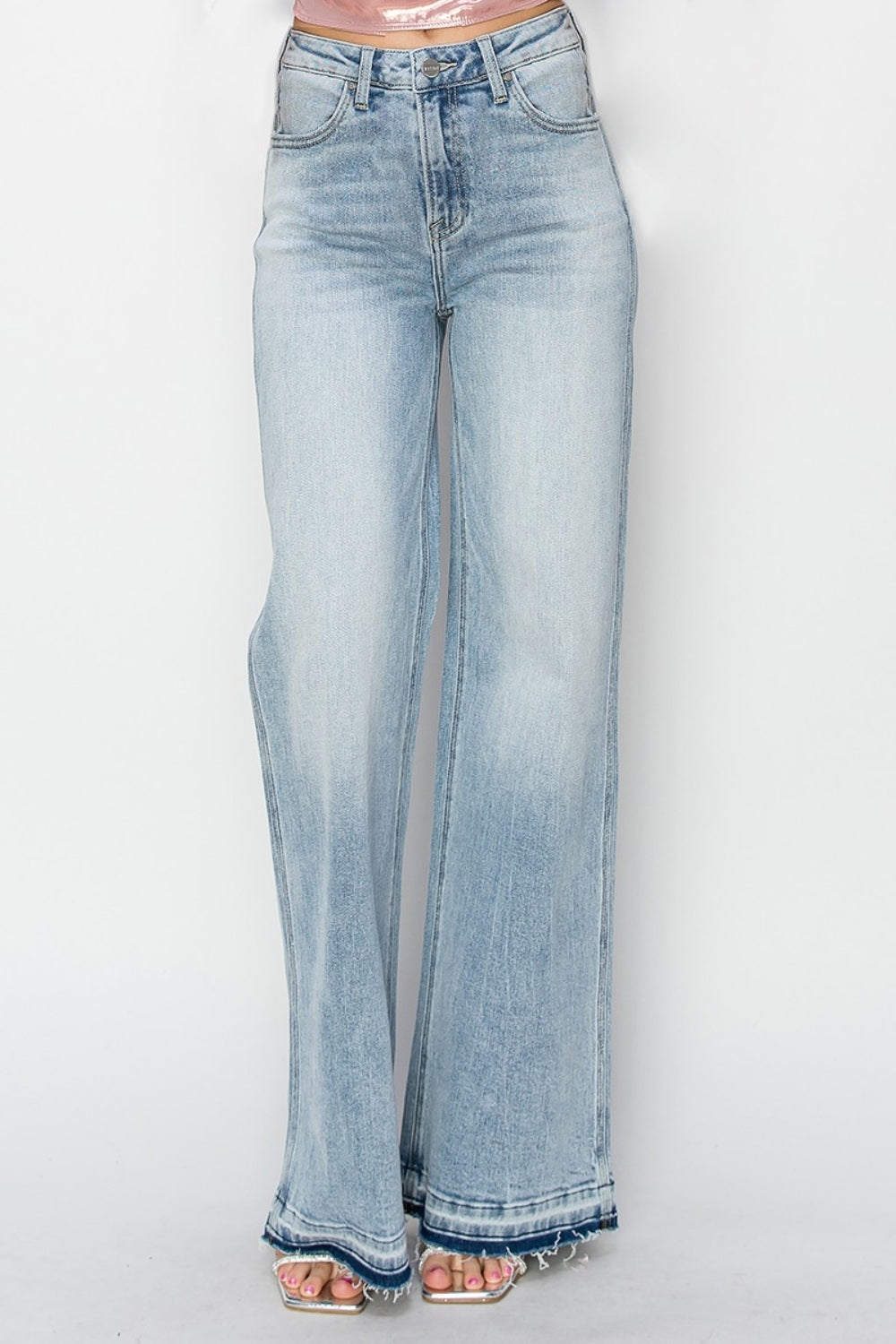 RISEN Full Size High Rise Raw Hem Wide Leg Jeans in Light Wash Blue