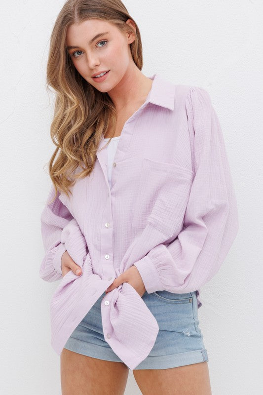 Sweet Generis Cotton Gauze Puff Sleeve Button-Down Shirt in 15 Colors