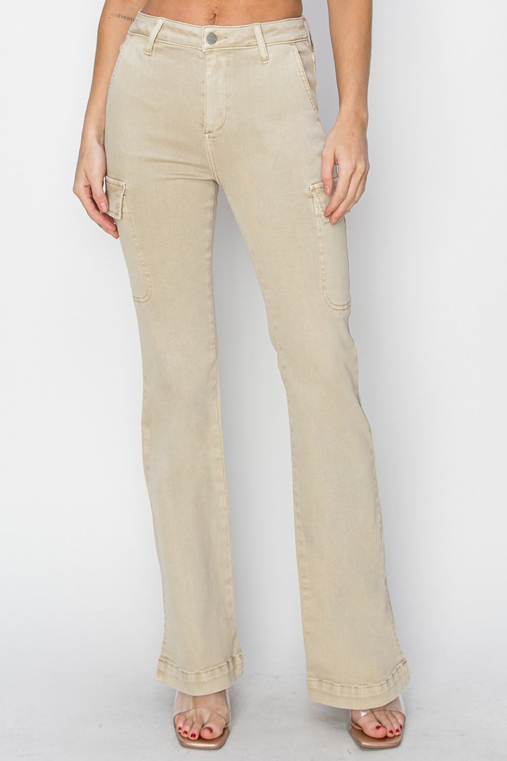 RISEN Full Size High Rise Side Slit Cargo Bootcut Jeans in Stone Beige