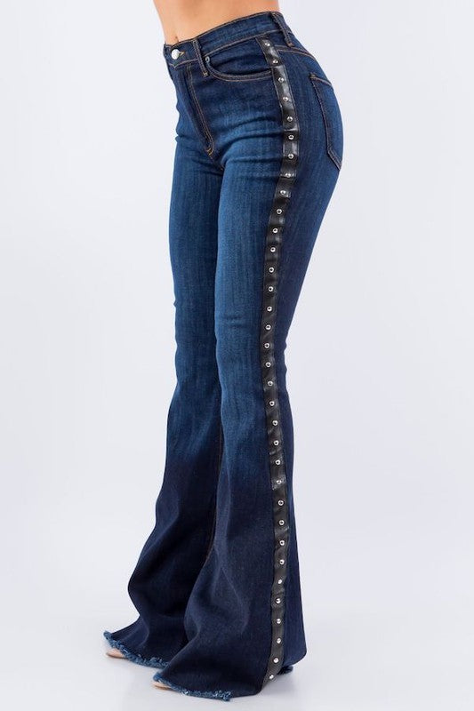 GJG Denim Studded Bell Bottom Jeans in Dark Wash