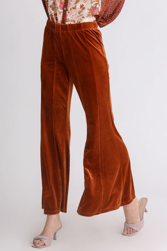 Umgee High Rise Elastic Waist Flared Leg Velvet Pants in Terracotta Brown NWT