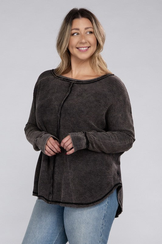 Zenana Plus Color Wash Waffle-Knit Exposed Seam Long Sleeve Boat Neck Top in 2 Colors