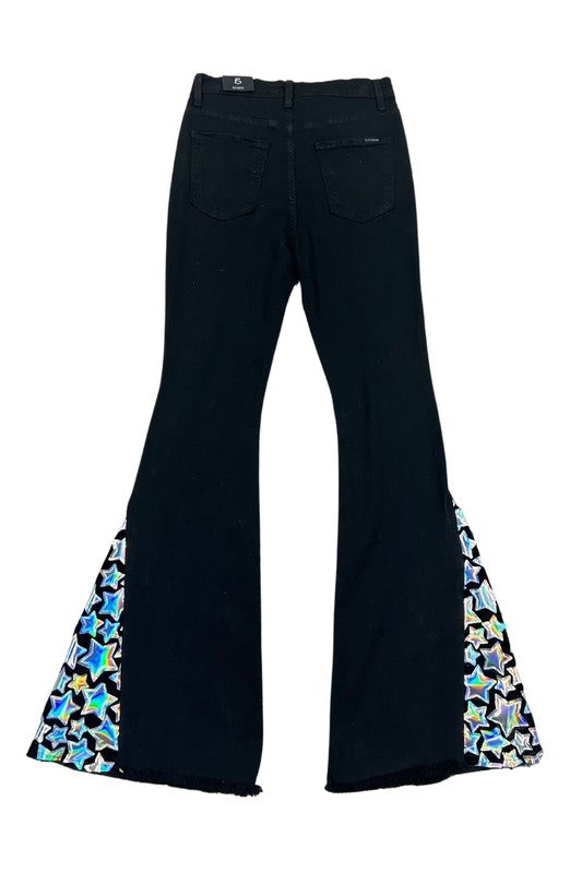 GJG Denim Star Struck Hologram Insert Raw Hem Bell Bottom Jeans in Black Multi NWT