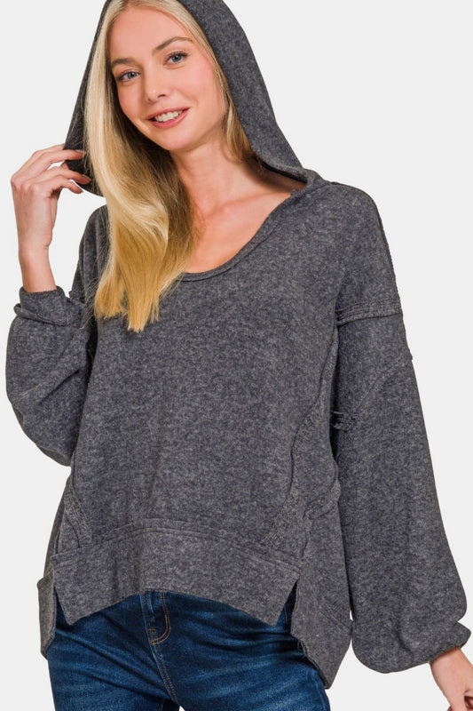 Zenana Brushed Hacci Exposed Seam Round Neck Hoodie Sweater in Black Marl NWT