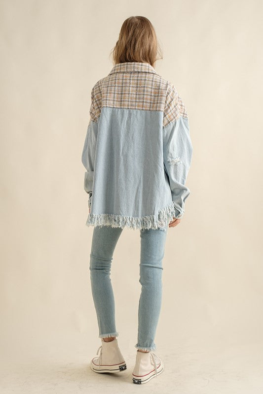 Sweet Generis Oversized Tweed and Denim Shirt Jacket with Fringed Hem