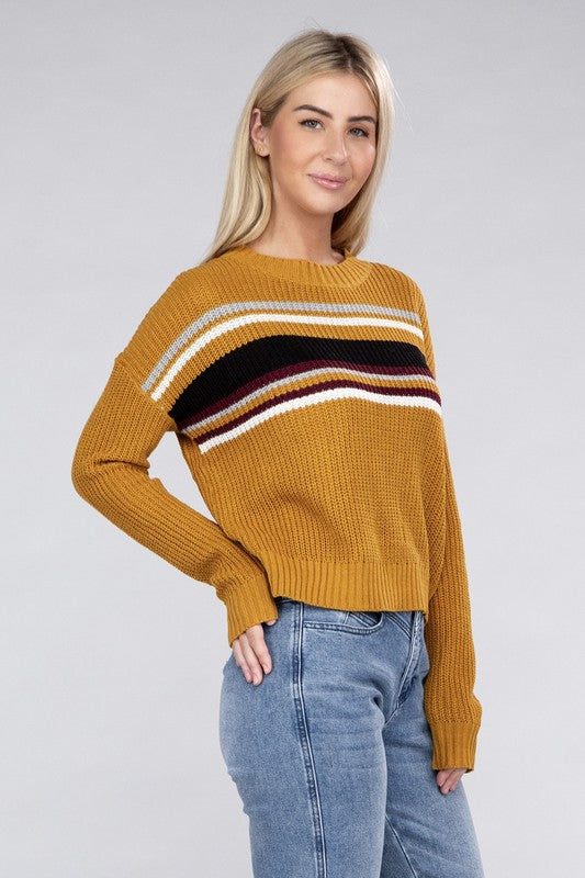 Ambiance Apparel Stripe Front Drop Shoulder Cropped Sweater in 3 Colors